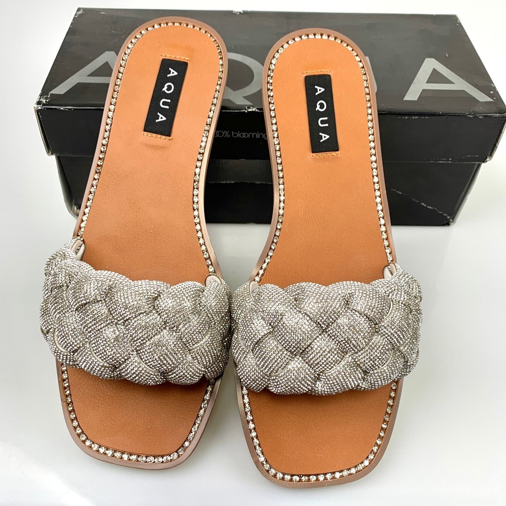 NIB Aqua Women Ivy Studded Dressy Warm Slide Sandals Size 9.5 Silver Bling Bling - Picture 10 of 12